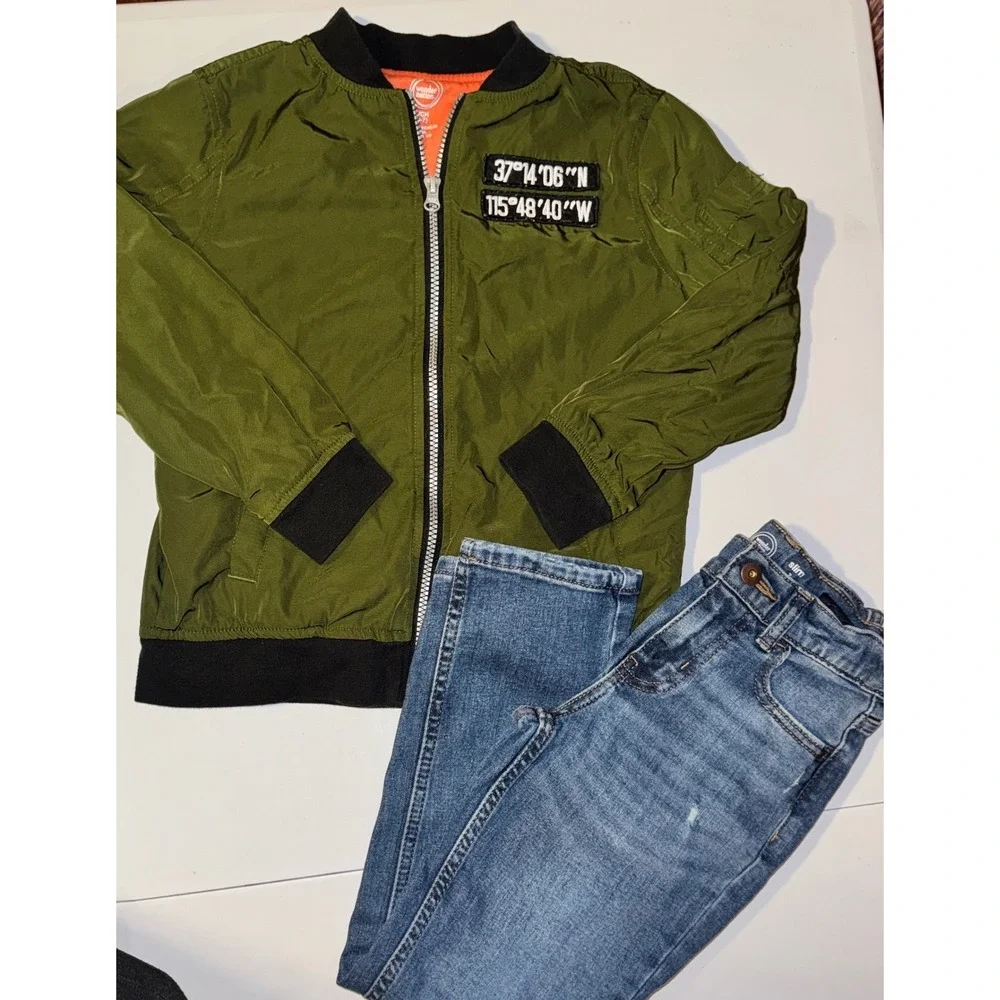 Wonder Nation Bomber Jacket and Jeans Set Boys S 6-7 Green Blue Distressed Patch